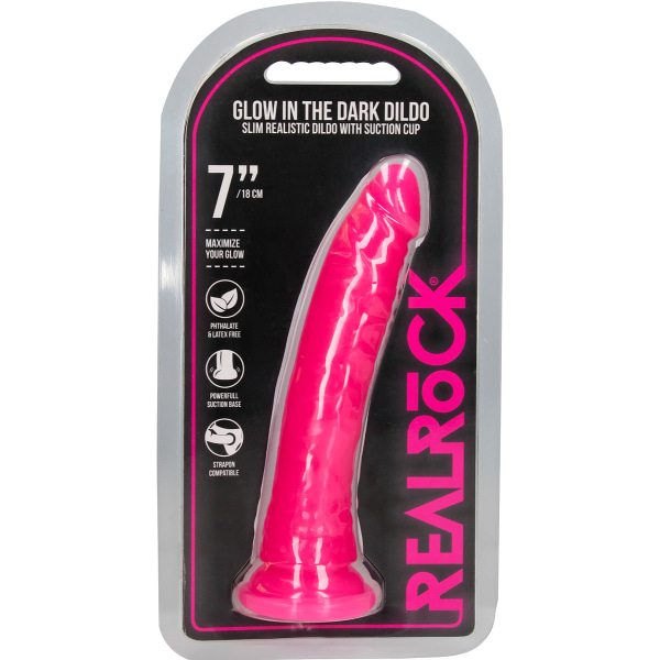 RealRock: Glow in the Dark Realistic Dildo, 18 cm Rosa, Självlysande