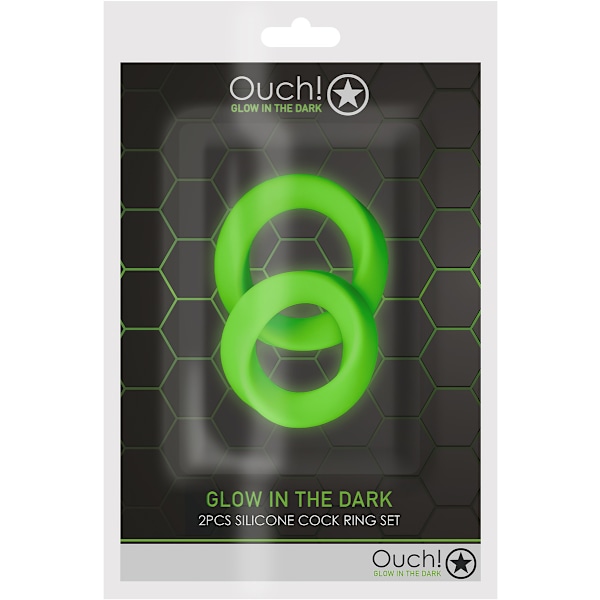 Ouch! Glow in the Dark: Silicone Cock Ring Set, 2-pack Grön, Självlysande