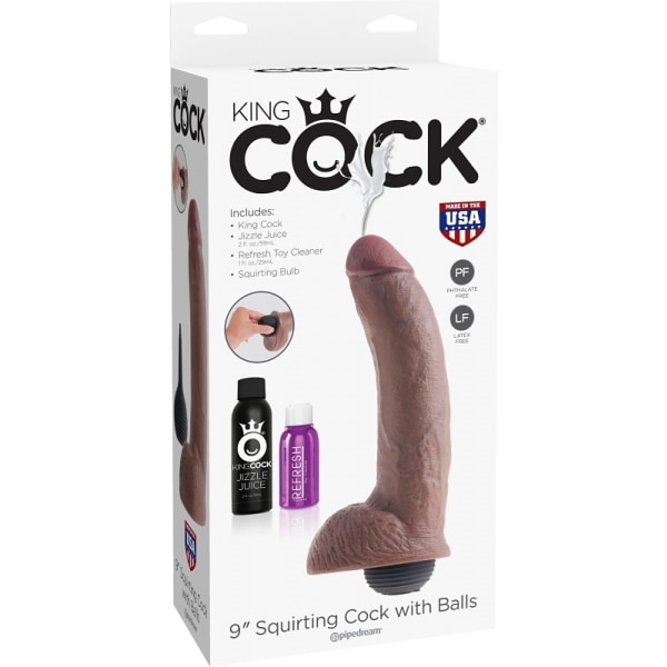 King Cock: Suihkuttava Kusi Palleilla, 23 cm, Tumma Mörk hudfärg