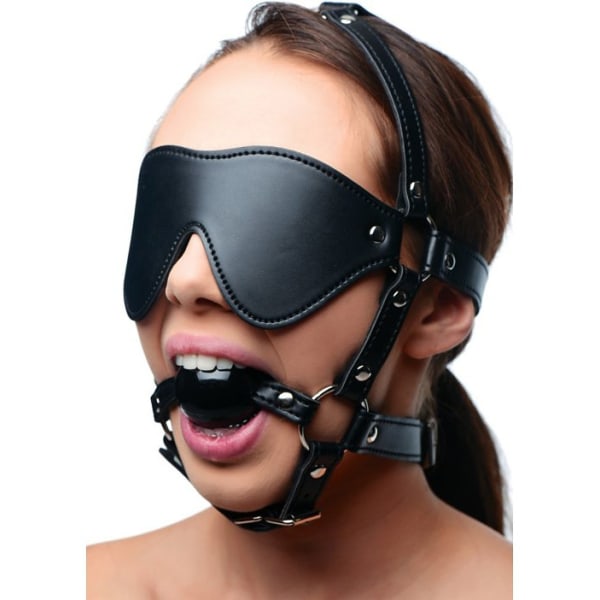 Strict: Blindfold Harness + Ball Gag Svart