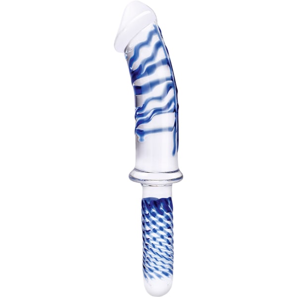 Gläs: Realistic, Double Ended Glass Dildo with Handle Blå, Transparent