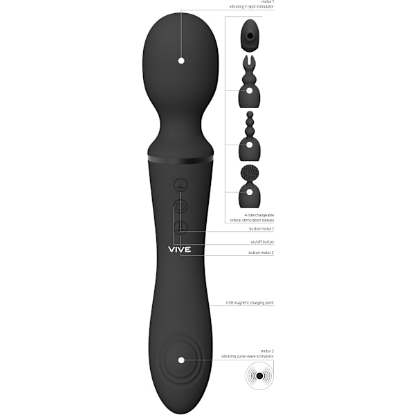 Vive: Nami, Pulse-Wave Wand Vibrator with Clitoral Sleeves Svart