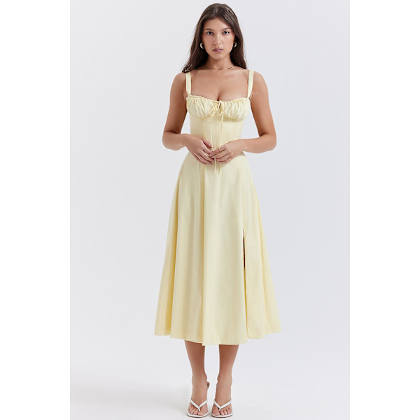 Blommönstrat print ärmlöst rynkad byst delat lår Boho midiklänning Carmen print bustier solklänning Yellow Slip Dress Asia XL   EU L