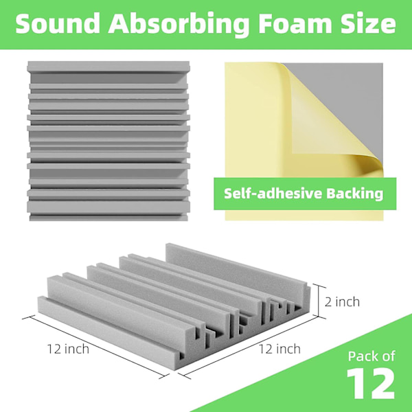 12-pack självhäftande ljudsäkra skumpaneler, 12 X 12 X 2 tum akustiskt skum, för vägg, hem, studio GreyBlack none