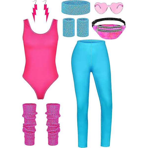 8 delar Kvinnor 80-tals träningskostym Halloween 90-tals outfit Accessoarer Set Leotard Rumväska Glasögon Pannband Benvärmare Fluorescent Blue 3X-Large