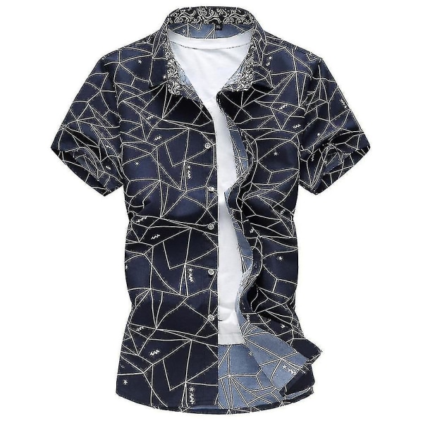 Plus Size Men Holiday Button Down-skjortor Sommar Casual Beach Kortärmad Topp Navy Blue 7XL