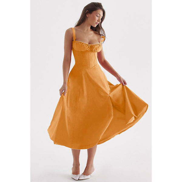 Blommönstrat print ärmlöst rynkad byst delat lår Boho midiklänning Carmen print bustier solklänning Orange Slip Dress Asia 2XL   EU XL