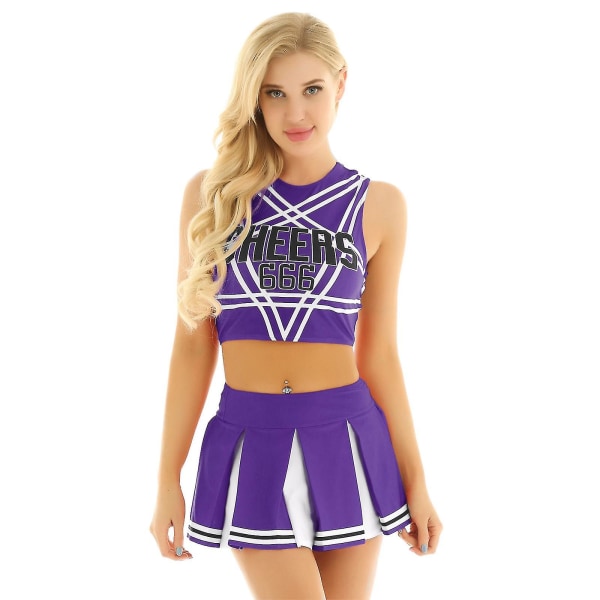 Kvinnor Vuxna Cheerleader Uniform Performance Outfit Japansk Skolflicka Cosplay Kostym Ärmlös Crop Top Mini plisserad kjol Purple B S