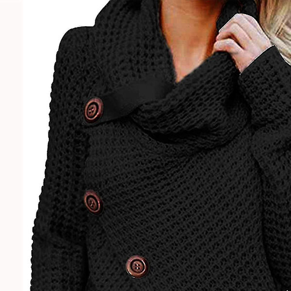 Vinter Lös Turtleneck Tröja Långärmad Knapp Casual Pullover För Kvinnor Black M