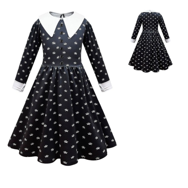 2023 onsdag Addams Cosplay set för flickor svart printed klänning Karnevalsfestförklädnad 3 piece set 130cm