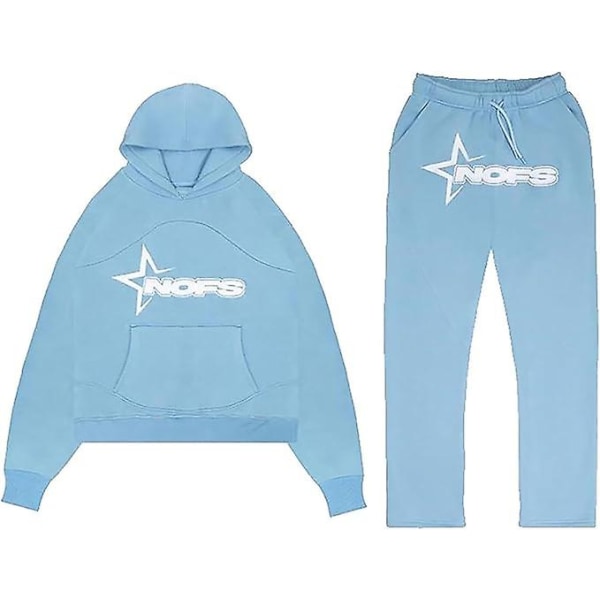 Nofs Streetwear träningsoveraller för män , Letters Printless Hoodies And Sweatpants Y2k Herr, Hip Hop Byxor Light Blue S