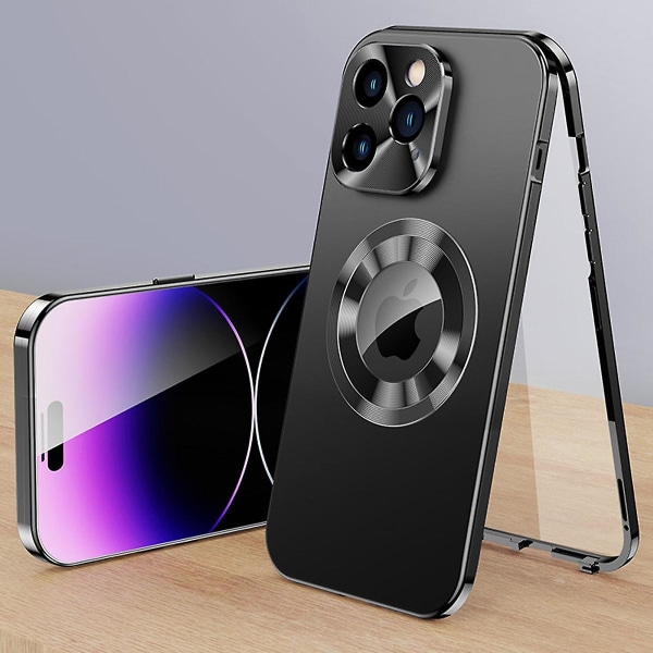 Magsafe magnetiskt genomskinligt case i metall, kompatibelt med Iphone 15 Pro Max, case med logotyp Skyddsfodral i härdat glas Black For iPhone 15 Pro Max
