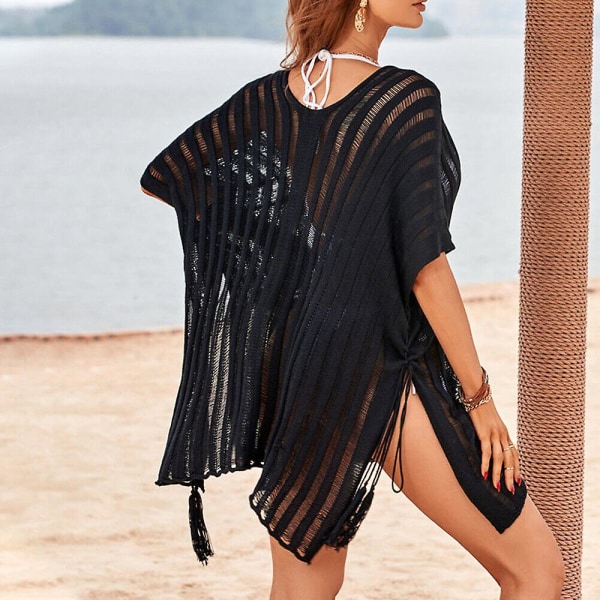 Dam sommar badkläder randig bikini Cover Up Kortärmad ihålig Sarong V-ringad badklänning Black