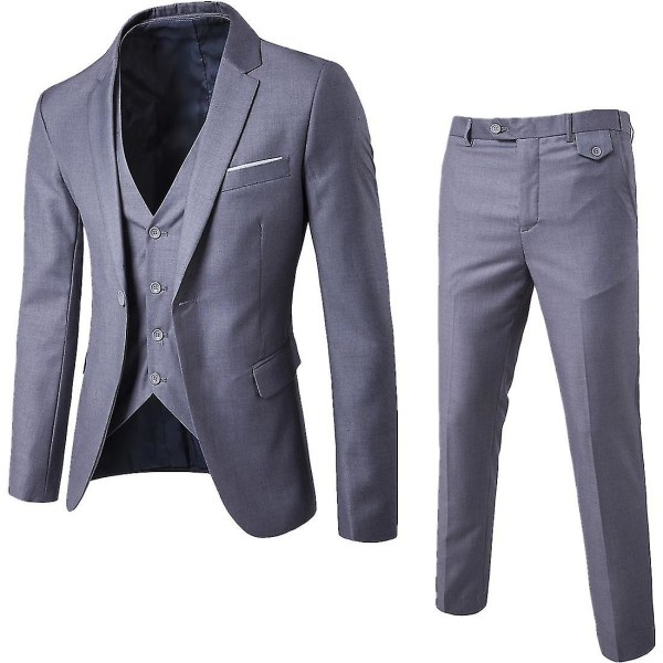 Herr 3-delad Slim Fit Kostym Set Enknapps Solid Jacka Väst Byxor Business Set-yky Grey S