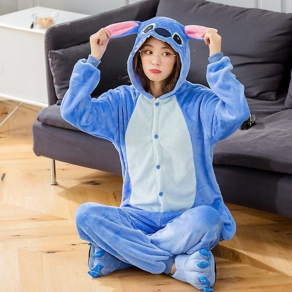 Stitch Vuxna Djur Onesies Vinter Kvinnor Pyjamas Jumpsuit Män Par Kostym Cosplay Flanell Tecknad nattkläder Pyjamas Hemkläder Blue Stitch 8T Height110*120CM