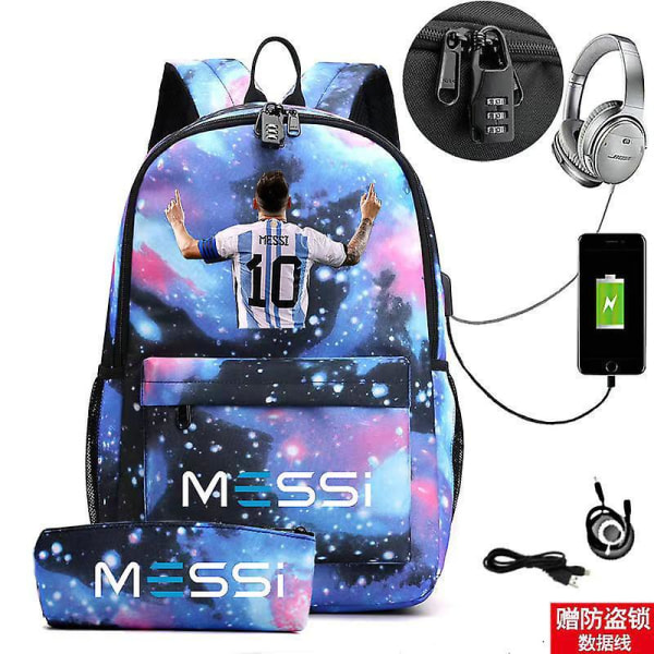 Messi Ryggsäck Lätt bärbar dator Man Casual USB Ungdomsresor Ryggväska Tonåringar Utomhussportväska Student skolväskor style 32 none
