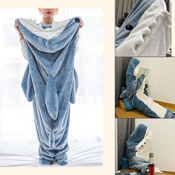 Super Soft Shark Blanket Hoodie Vuxen, Shark Blanket Cozy Flanell Hoodie blue 170cm