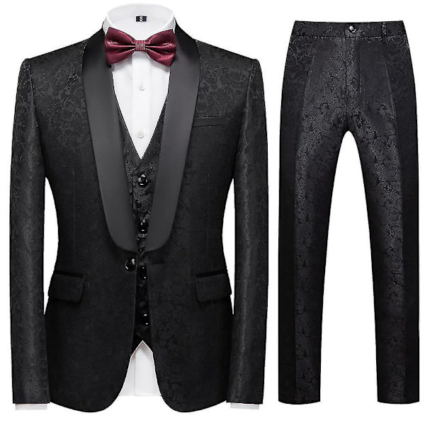 Schan Herr 3-delade kostymer Sjal Lapel Enknapps Smoking Blazer Västbyxor Set För Bröllop Black M
