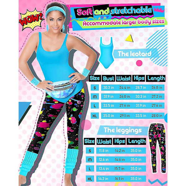 7 st 80-tals träningskostym 80- set 80-tals 90-tals Leotard Legging Pannband Armband Benvärmare Örhängen Fanny Pack Cute Neon X-Large