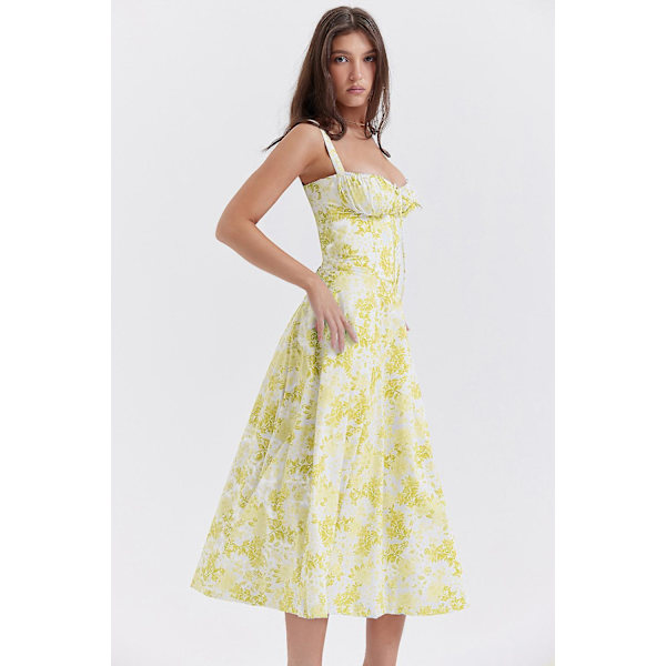 Blommönstrat print ärmlöst rynkad byst delat lår Boho midiklänning Carmen print bustier solklänning Yellow Flower Asia S   EU XS