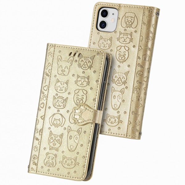 Case för Iphone 12 Flip-plånbok präglat cover Etui Housse Katt Hundmönster - Guld null none