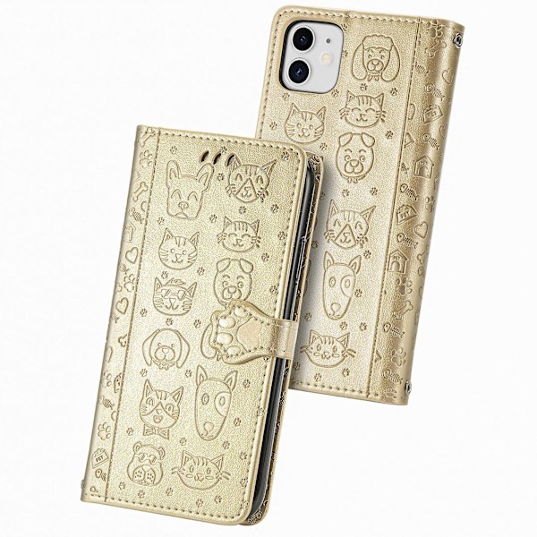 Case för Iphone 12 Flip-plånbok präglat cover Etui Housse Katt Hundmönster - Guld null none