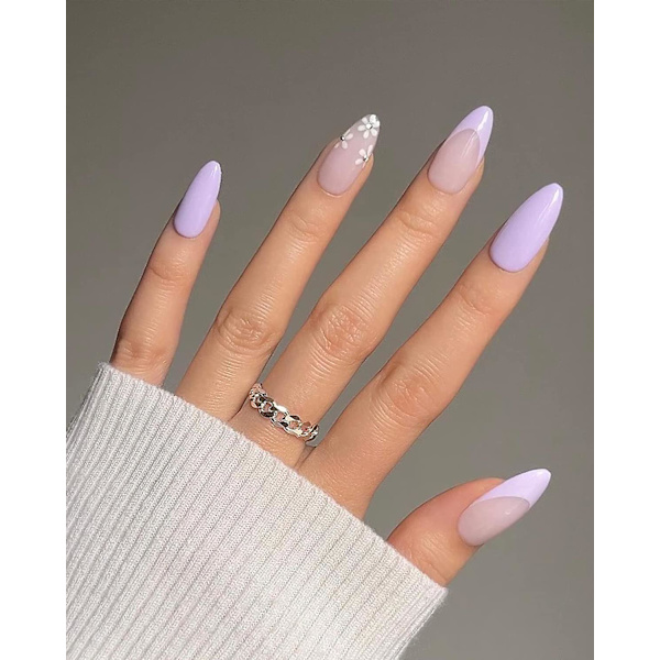 Ghyt 24 st Lila Mandel Lösnaglar Korta, Medium Press On Naglar Med Blomma Franska Design, Stick On Naglar För Kvinnor, Akryl Fake Nails null none