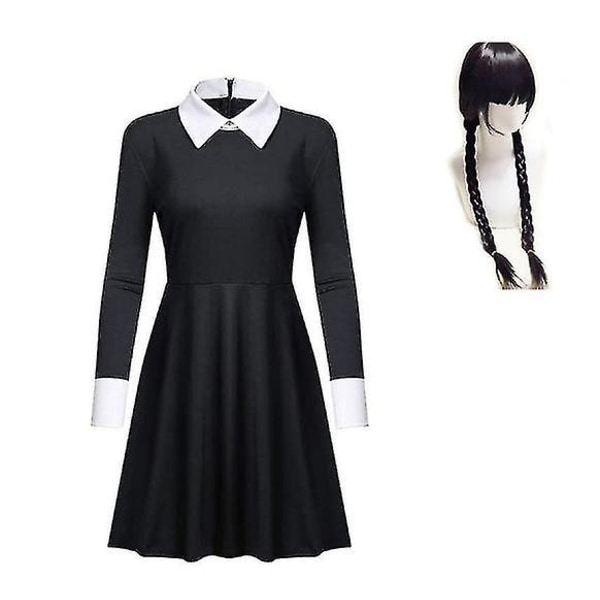 Onsdag Addams Cosplay Kostym Set Halloween Carnival Party Kostymer för vuxna barn With wig 150