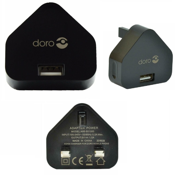 Officiell Doro UK 3-stifts nätadapter Laddarkontakt - Svart - A85-501000 A85-501000 Black