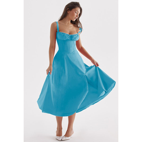 Blommönstrat print ärmlöst rynkad byst delat lår Boho midiklänning Carmen print bustier solklänning Blue Slip Dress Asia M   EU S