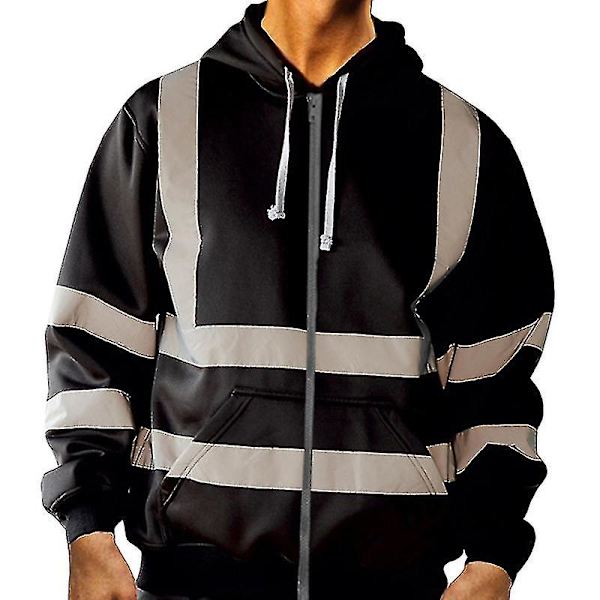 Män Hi Viz Synlighet Säkerhet Arbetsrock Jacka Hoody Sweatshirt Toppar Ytterkläder Black L