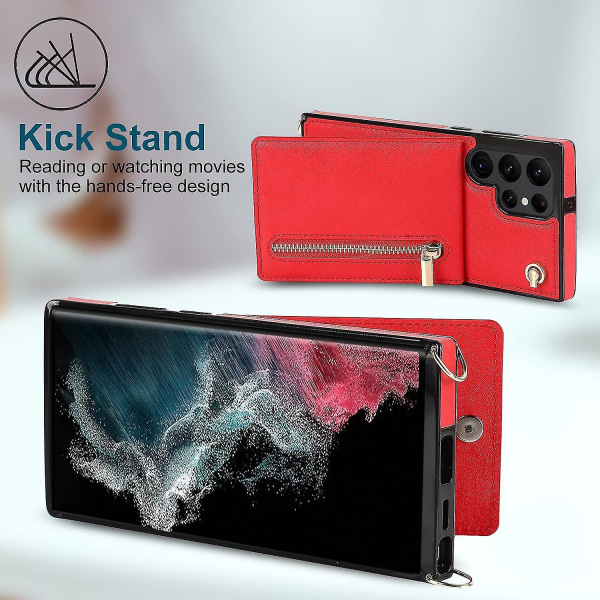 Case i läder för Samsung Galaxy S23 Ultra/ S23+/ S23 med halsrem & stativ & dragkedja Red for S23 Plus