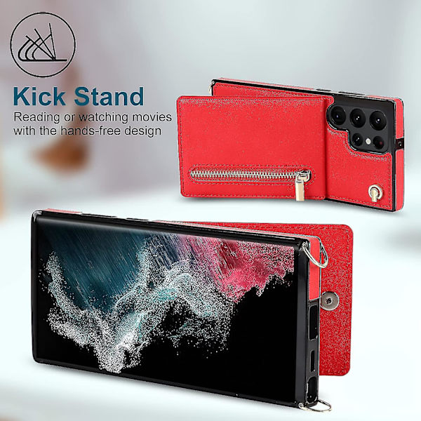 Case i läder för Samsung Galaxy S23 Ultra/ S23+/ S23 med halsrem & stativ & dragkedja Red for S23 Ultra