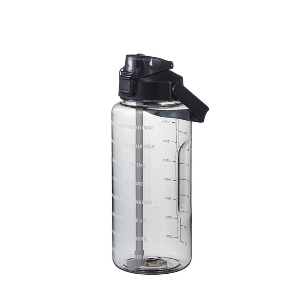 2 liters vattenflaska med sugrör Kvinnliga flickor stora bärbara reseflaskor Sport Black