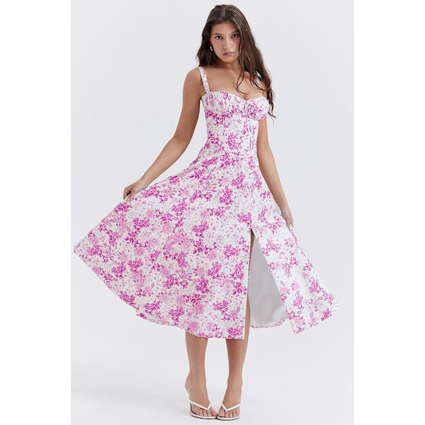 Blommönstrat print ärmlöst rynkad byst delat lår Boho midiklänning Carmen print bustier solklänning Rose Red Flower Asia S   EU XS