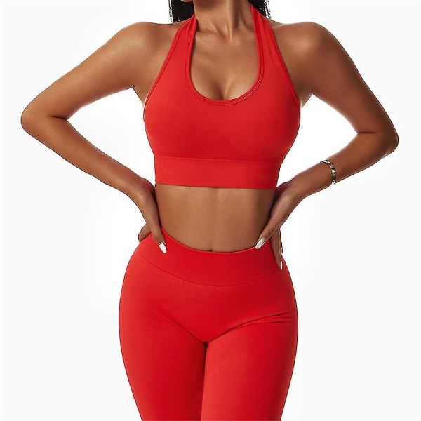 Halterneck Sports BH Backless Fitness Bustier Vadderad Push Up BH för kvinnor Red M