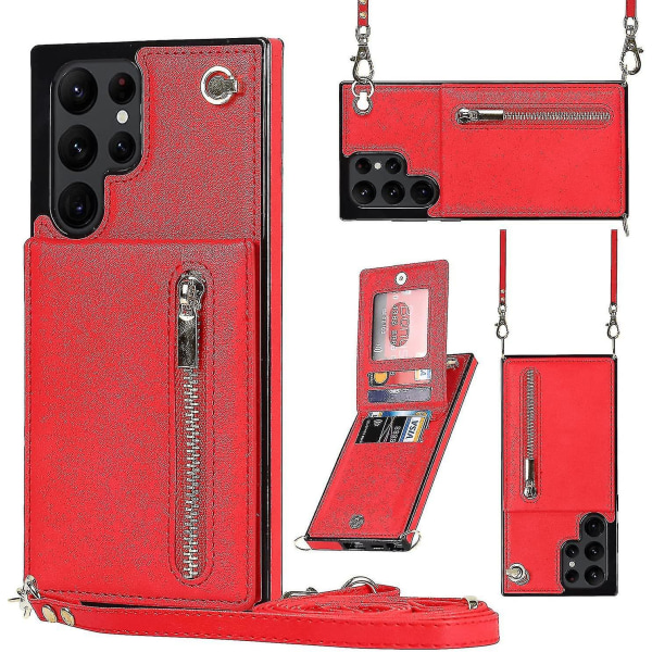 Case i läder för Samsung Galaxy S23 Ultra/ S23+/ S23 med halsrem & stativ & dragkedja Red for S23
