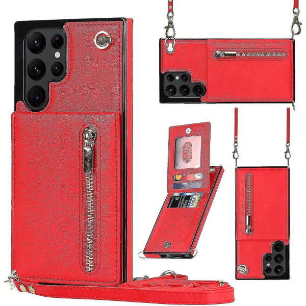 Case i läder för Samsung Galaxy S23 Ultra/ S23+/ S23 med halsrem & stativ & dragkedja Red for S23 Plus