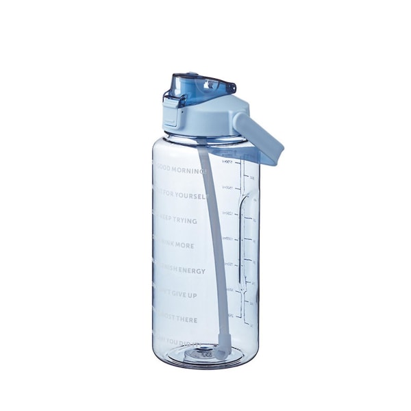 2 liters vattenflaska med sugrör Kvinnliga flickor stora bärbara reseflaskor Sport Blue