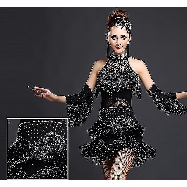 Nya latinska dansdräkter Dam Salsa Danskläder Dansdräkt Klänningar Ballroom Tävlingsklänningar Tango Vuxen Fringe Guld Paljett Black M