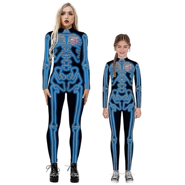 Halloween-skelettdräkt för barn och vuxna, bekväm Onesie Jumpsuit Blue L