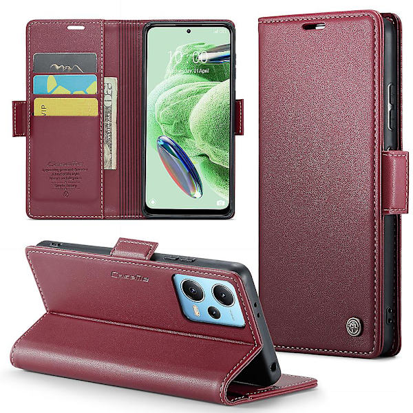 Caseme 023-serien för Xiaomi Redmi Note 12 5g (kina) / (indien) / (global) / Poco X5 5g Litchi Texture Rfid Blockerande case Läder Sta Red