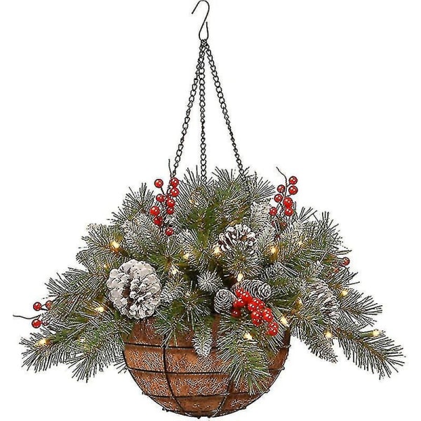 Förbelyst konstgjord hängande korg för jul dekorerad med frostade kottar null none