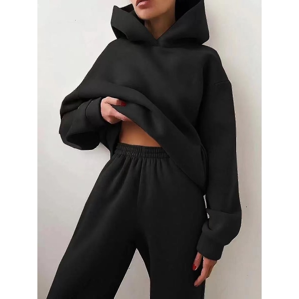 Vinter tvådelade uppsättningar Dam träningsoverall Oversized kostym Höstbyxa Sweatshirt Solid Sporthuvtröja Sportkläder Black L