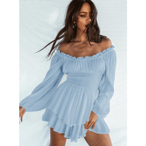 Kvinnor Off Shoulder Långärmad Romper Shorts Ruffle Jumpsuit Playsuit Blue S