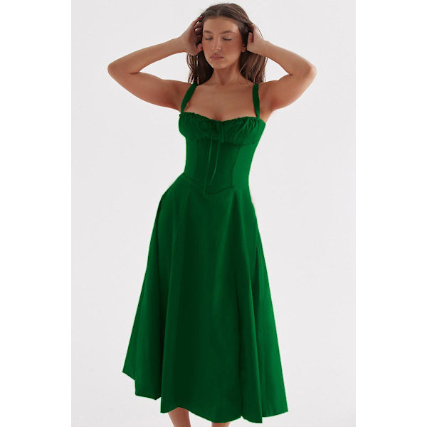 Blommönstrat print ärmlöst rynkad byst delat lår Boho midiklänning Carmen print bustier solklänning Green Slip Dress Asia L  EU M