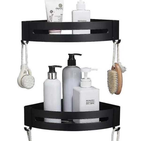 2-pack utan borrning självhäftande väggmonterad badrum duschhylla Organizer med 4 krokar (svart) black