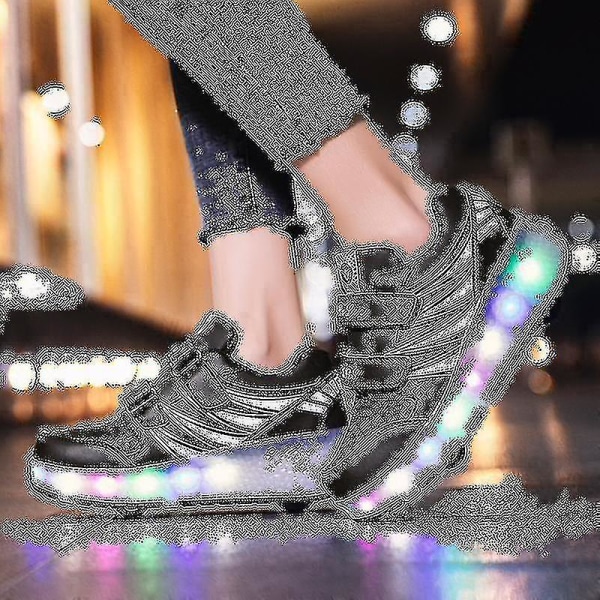 2022 Nya Led Light Up Roller Shoes Double Wheel USB Uppladdningsbara skridskoskor Black 33