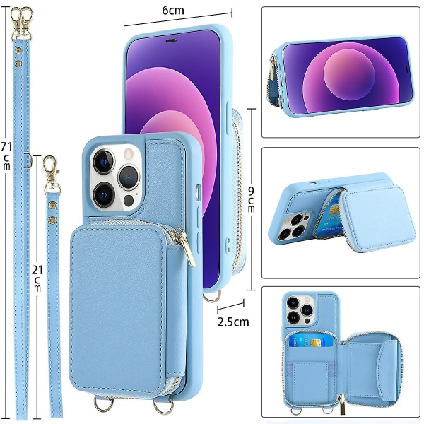 Crossbody dragkedja Case Kompatibel med Iphone 15 Pro Max, Pu Läder Stötsäkert cover med handledsrem & korthållare Blue For iPhone 15 Pro Max