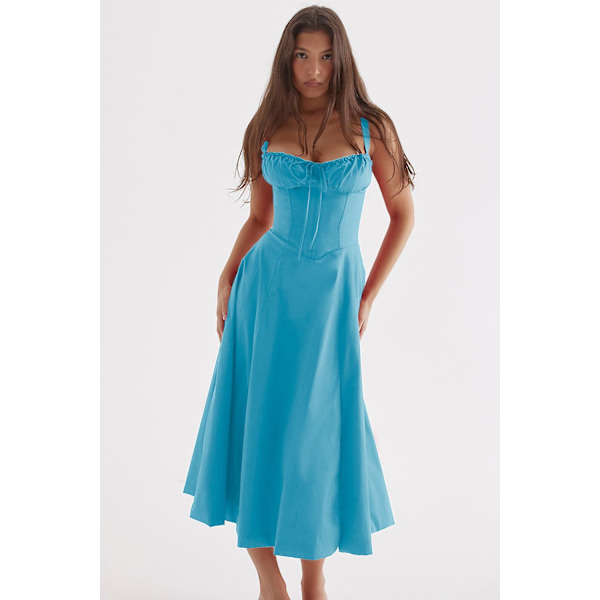 Blommönstrat print ärmlöst rynkad byst delat lår Boho midiklänning Carmen print bustier solklänning Blue Slip Dress Asia 2XL   EU XL